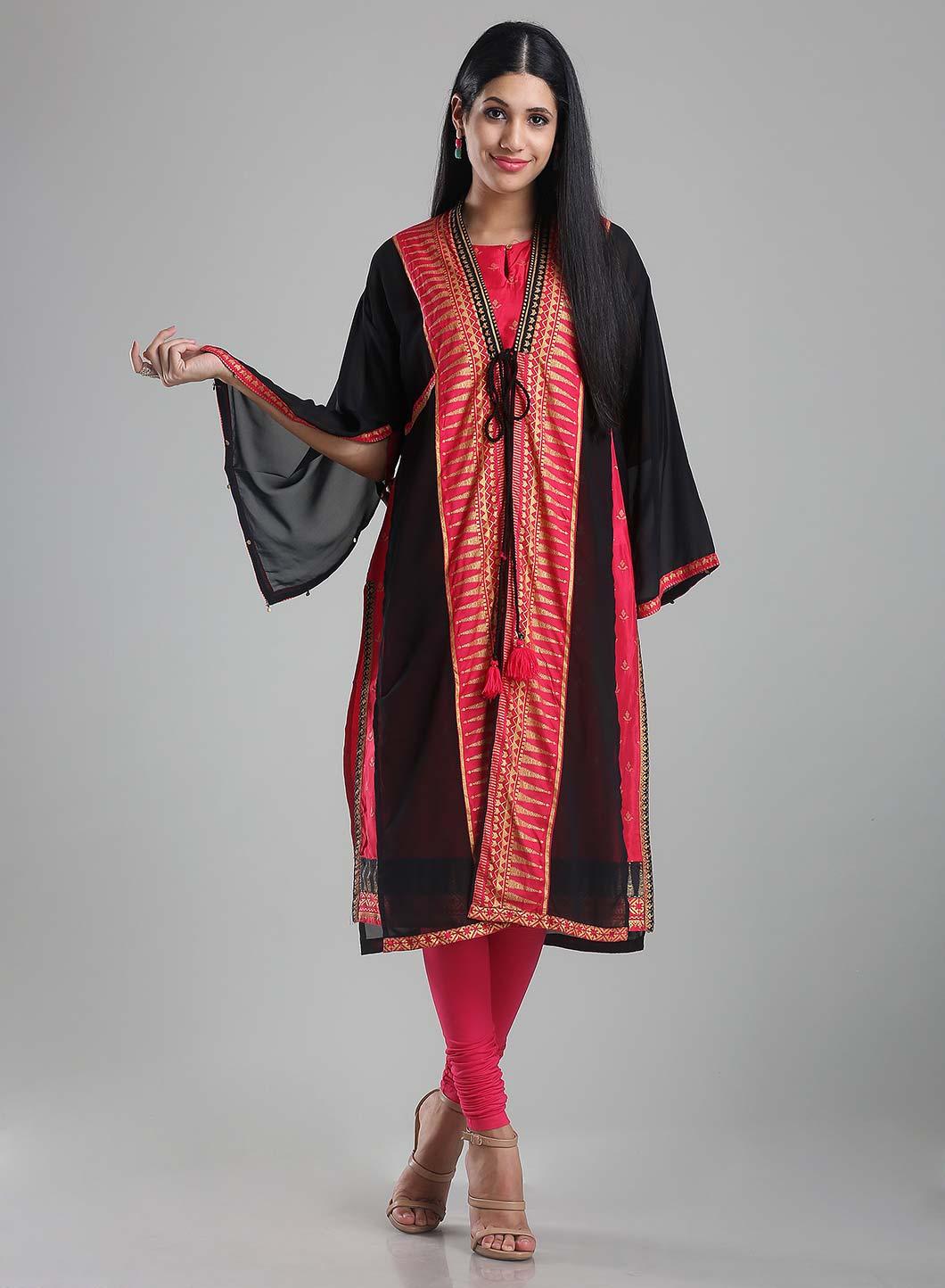 Black &amp; Red Printed Kaftan kurta - wforwoman