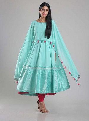 Aqua Blue Flared Printed kurta - wforwoman