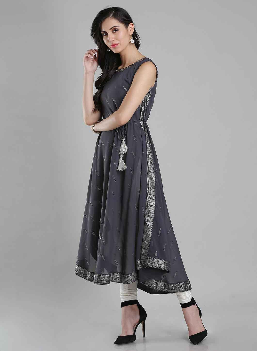 Grey Printed Round Neck kurta - wforwoman