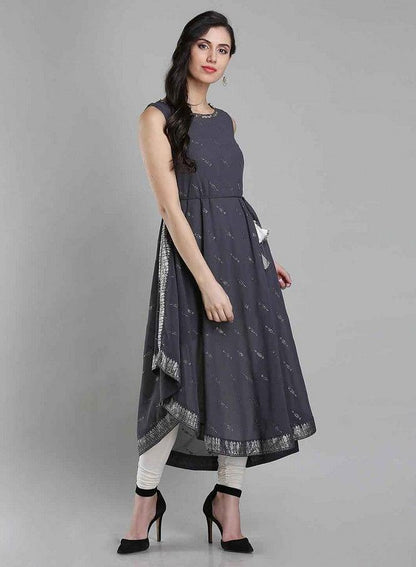 Grey Printed Round Neck kurta - wforwoman