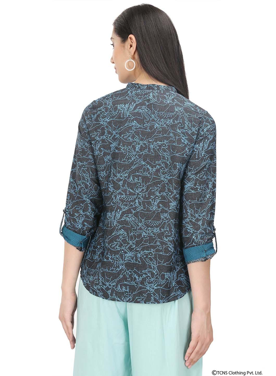 Blue Full Sleeve Mandarin Neck Top - wforwoman