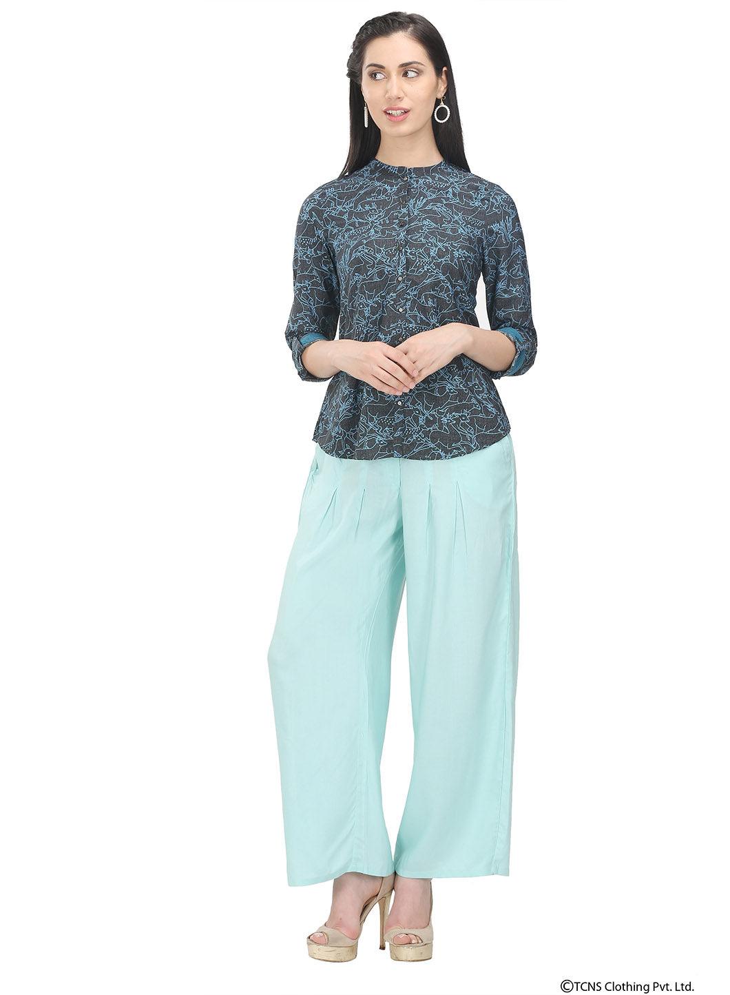 Blue Full Sleeve Mandarin Neck Top - wforwoman