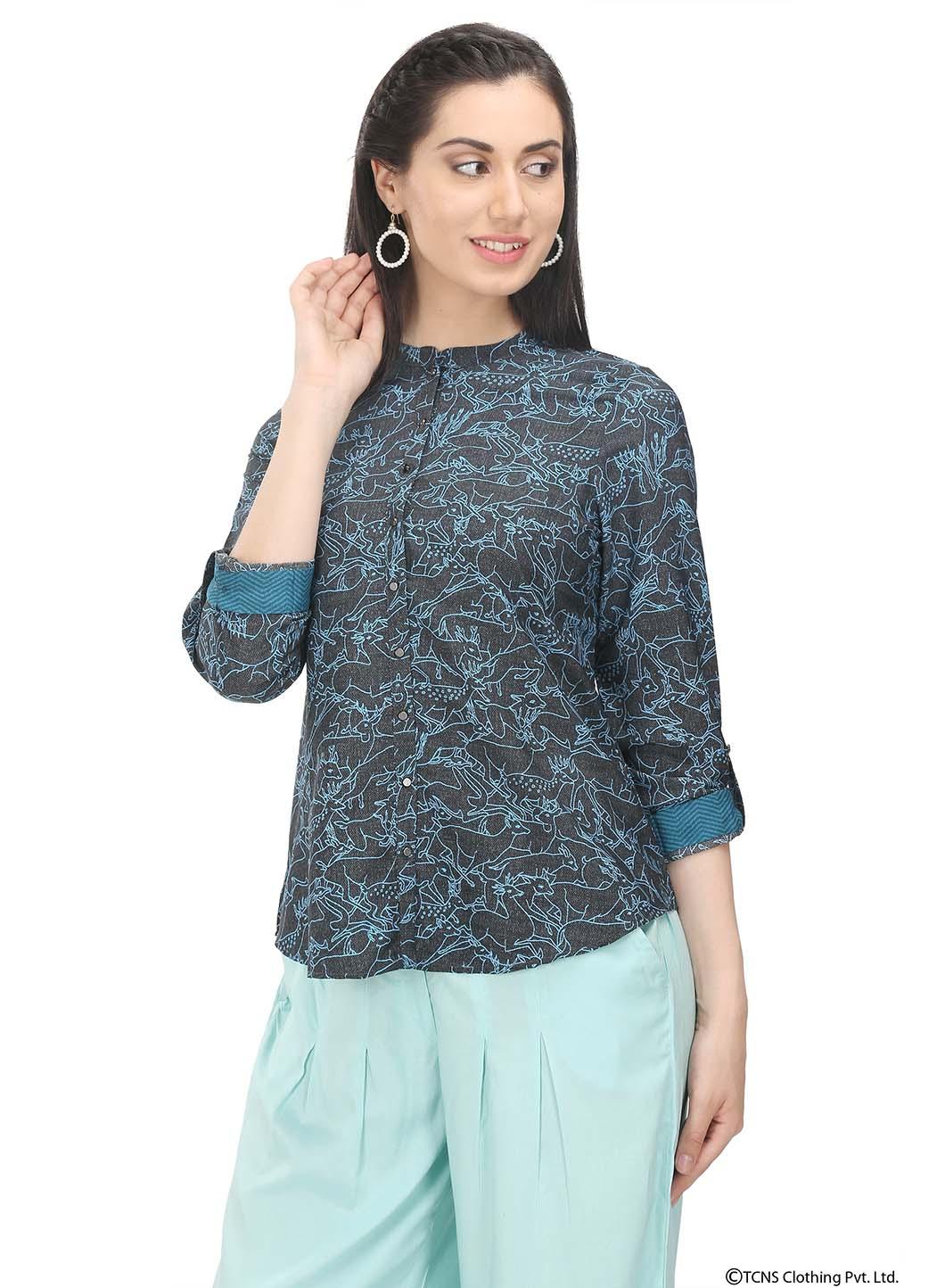 Blue Full Sleeve Mandarin Neck Top - wforwoman