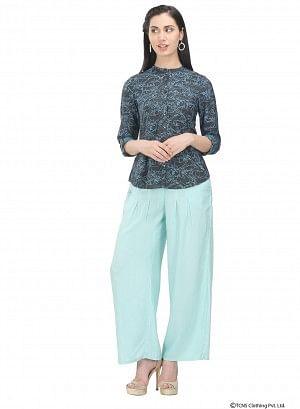 Blue Full Sleeve Mandarin Neck Top - wforwoman