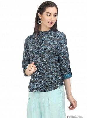 Blue Full Sleeve Mandarin Neck Top - wforwoman