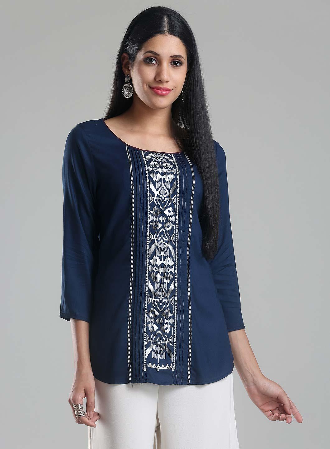 Navy Printed Round Neck 3/4 Sleeve Top - wforwoman