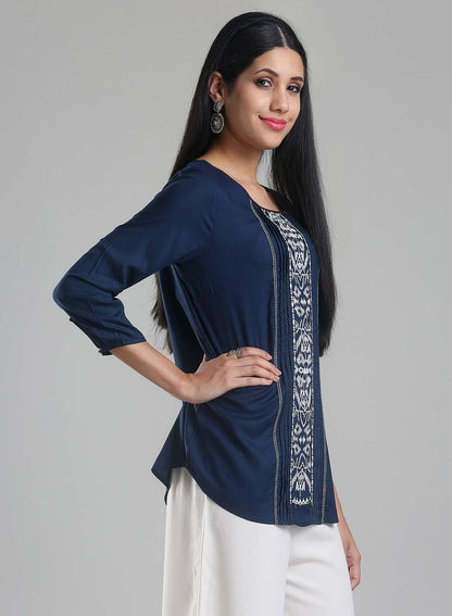 Navy Printed Round Neck 3/4 Sleeve Top - wforwoman