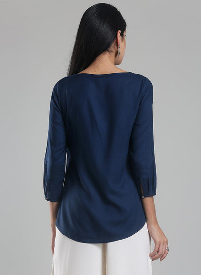 Navy Printed Round Neck 3/4 Sleeve Top - wforwoman