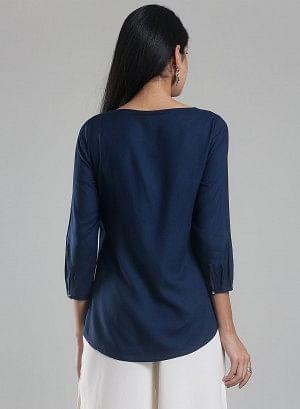 Navy Printed Round Neck 3/4 Sleeve Top - wforwoman