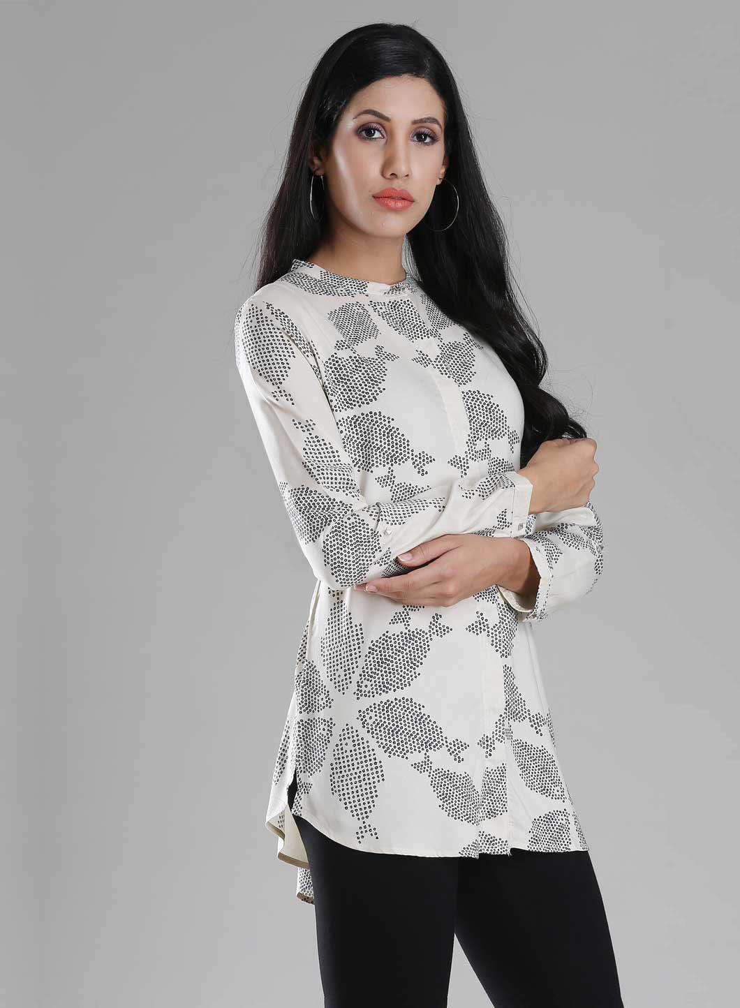 White Mandarin Neck Printed Top - wforwoman