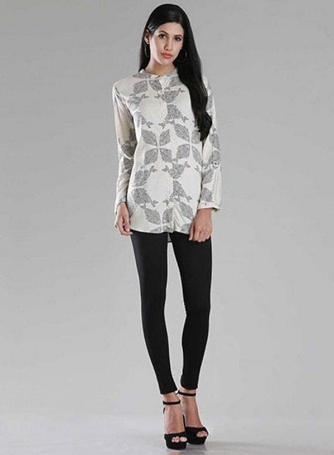 White Mandarin Neck Printed Top - wforwoman