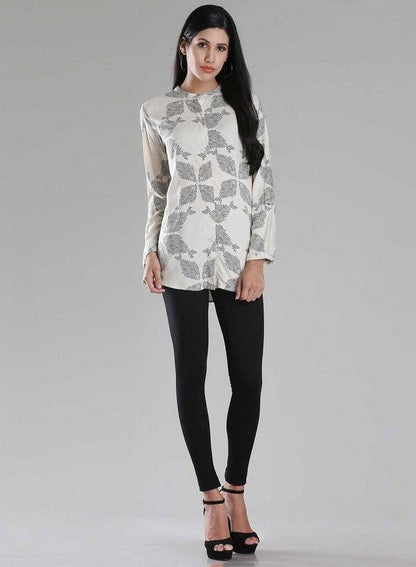 White Mandarin Neck Printed Top - wforwoman