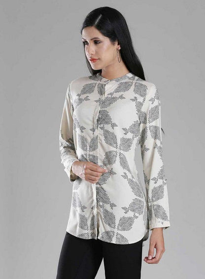 White Mandarin Neck Printed Top - wforwoman