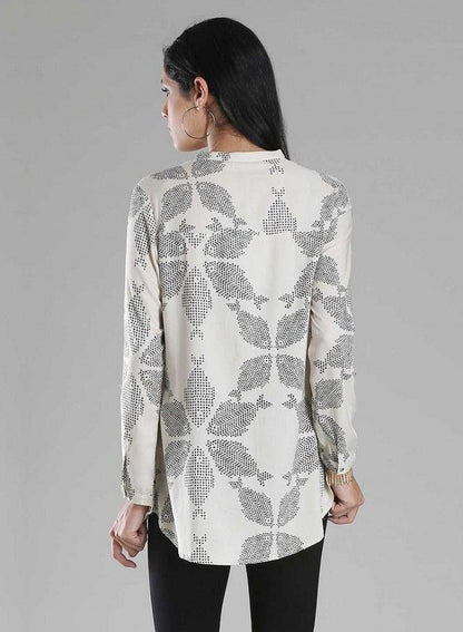 White Mandarin Neck Printed Top - wforwoman