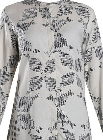 White Mandarin Neck Printed Top - wforwoman