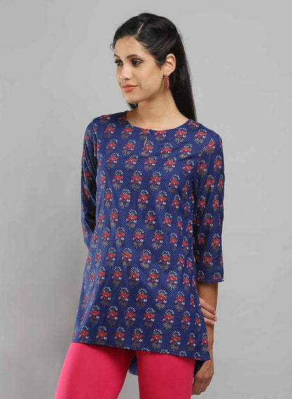 Blue Printed High-Low Top - wforwoman