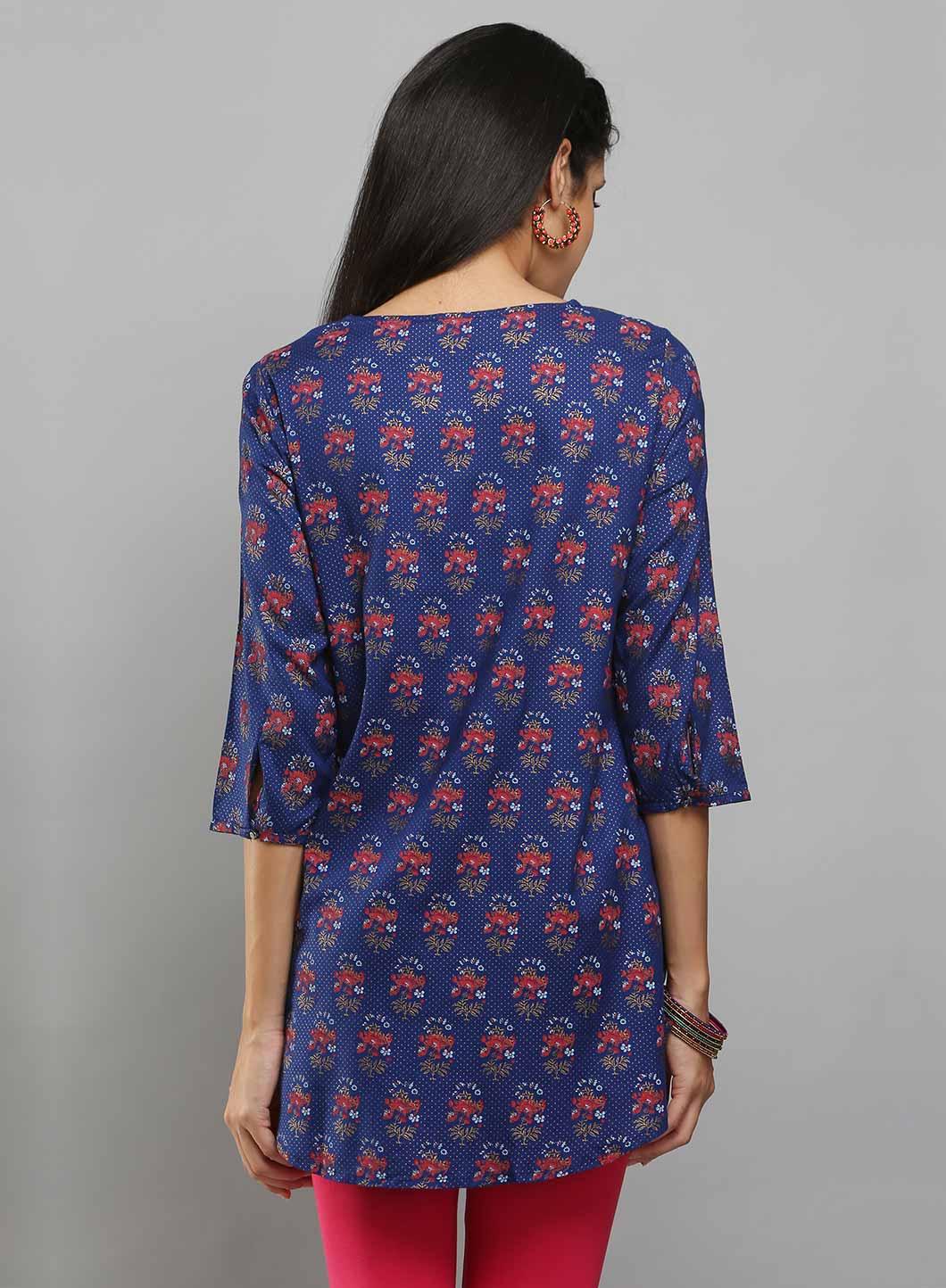 Blue Printed High-Low Top - wforwoman