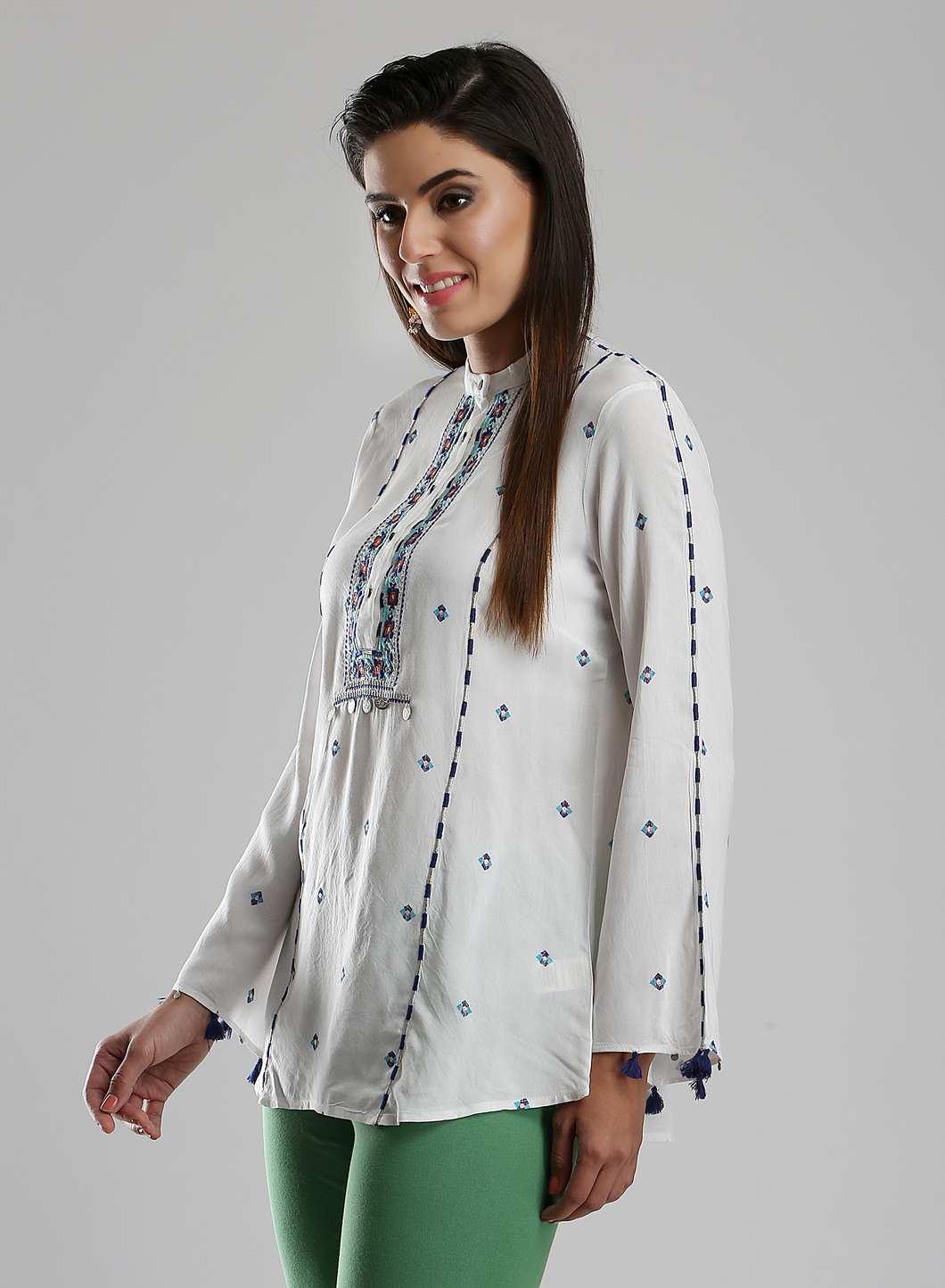 White Printed Mandarin Neck Top - wforwoman