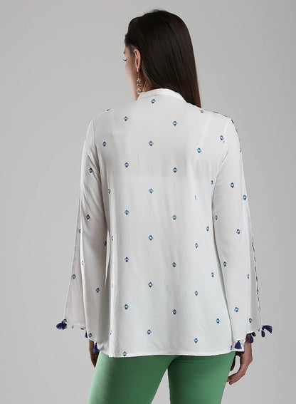 White Printed Mandarin Neck Top - wforwoman