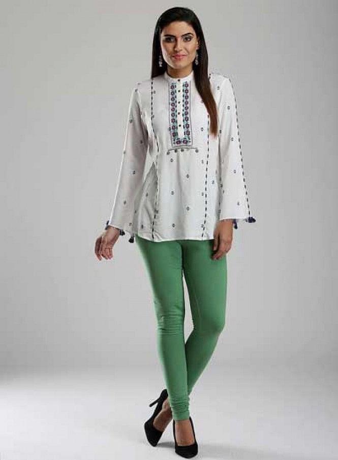 White Printed Mandarin Neck Top - wforwoman