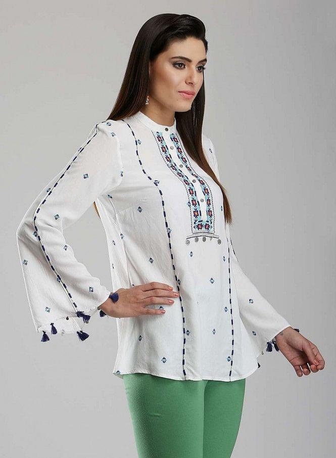 White Printed Mandarin Neck Top - wforwoman