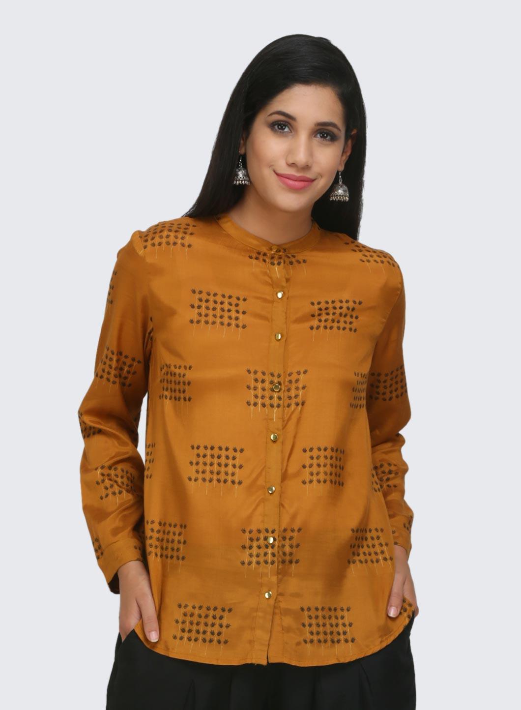 Mustard Printed Full Sleeves Top - wforwoman