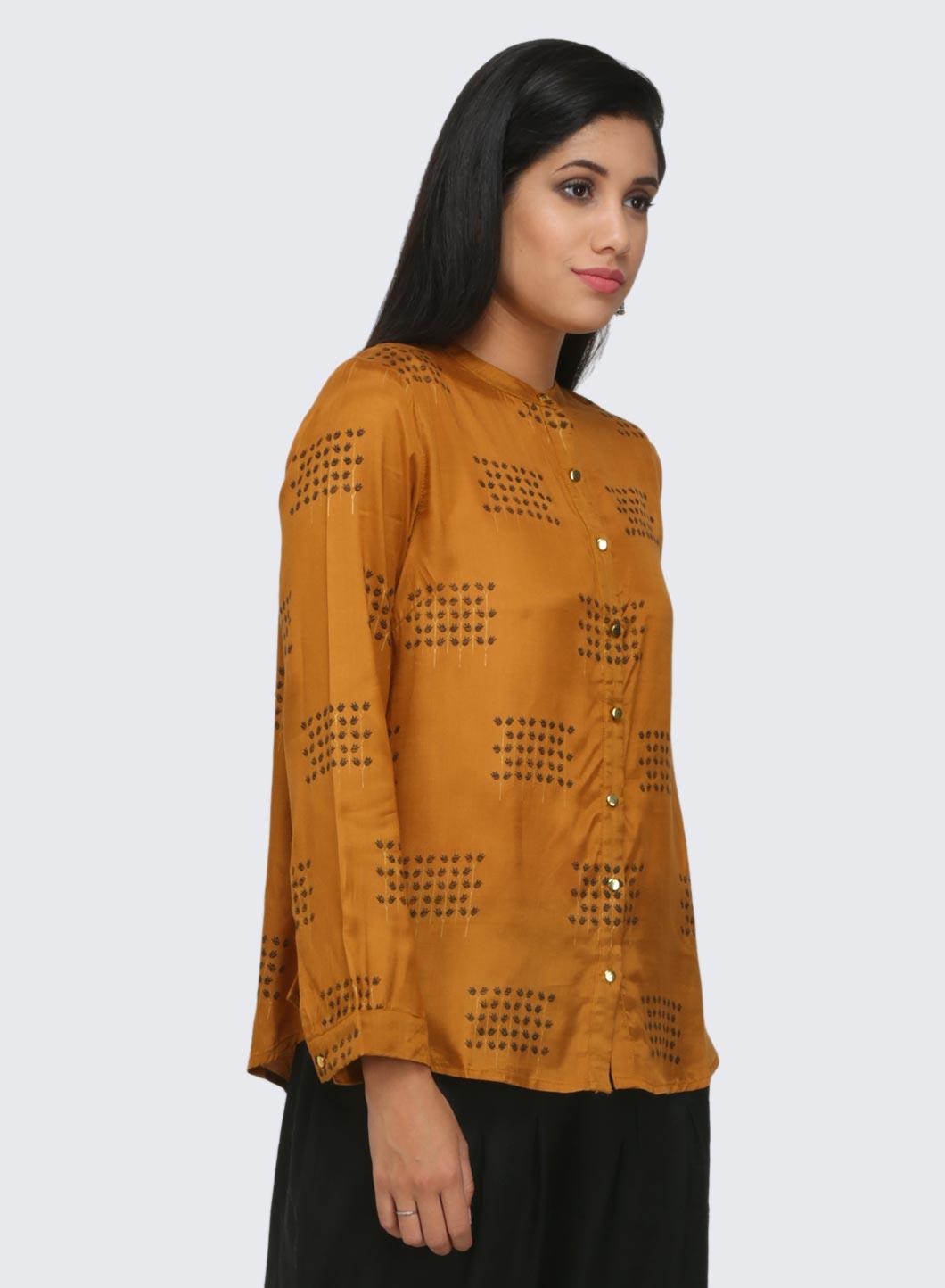 Mustard Printed Full Sleeves Top - wforwoman