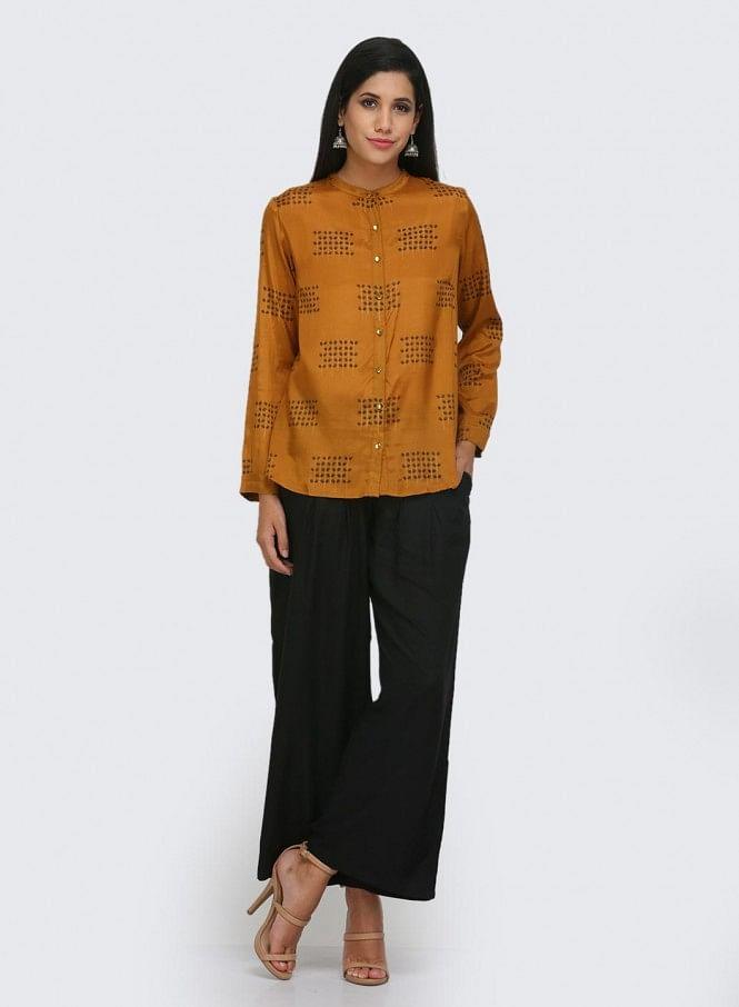 Mustard Printed Full Sleeves Top - wforwoman