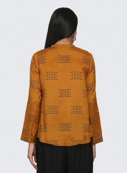 Mustard Printed Full Sleeves Top - wforwoman