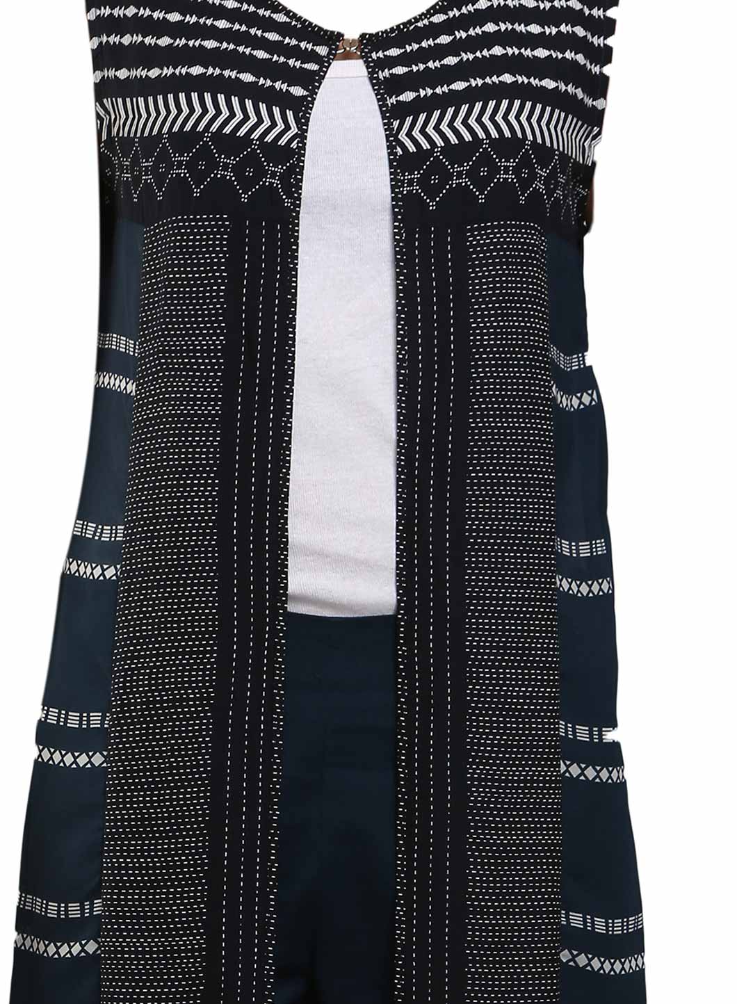 Navy &amp; Black Printed Sleeveless Gillet