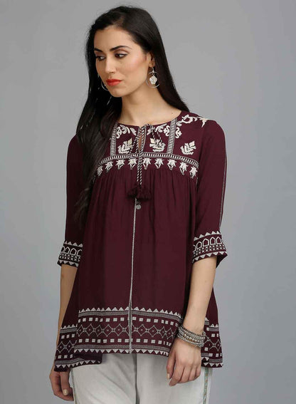 Purple Printed Tie-Up Neck Top - wforwoman