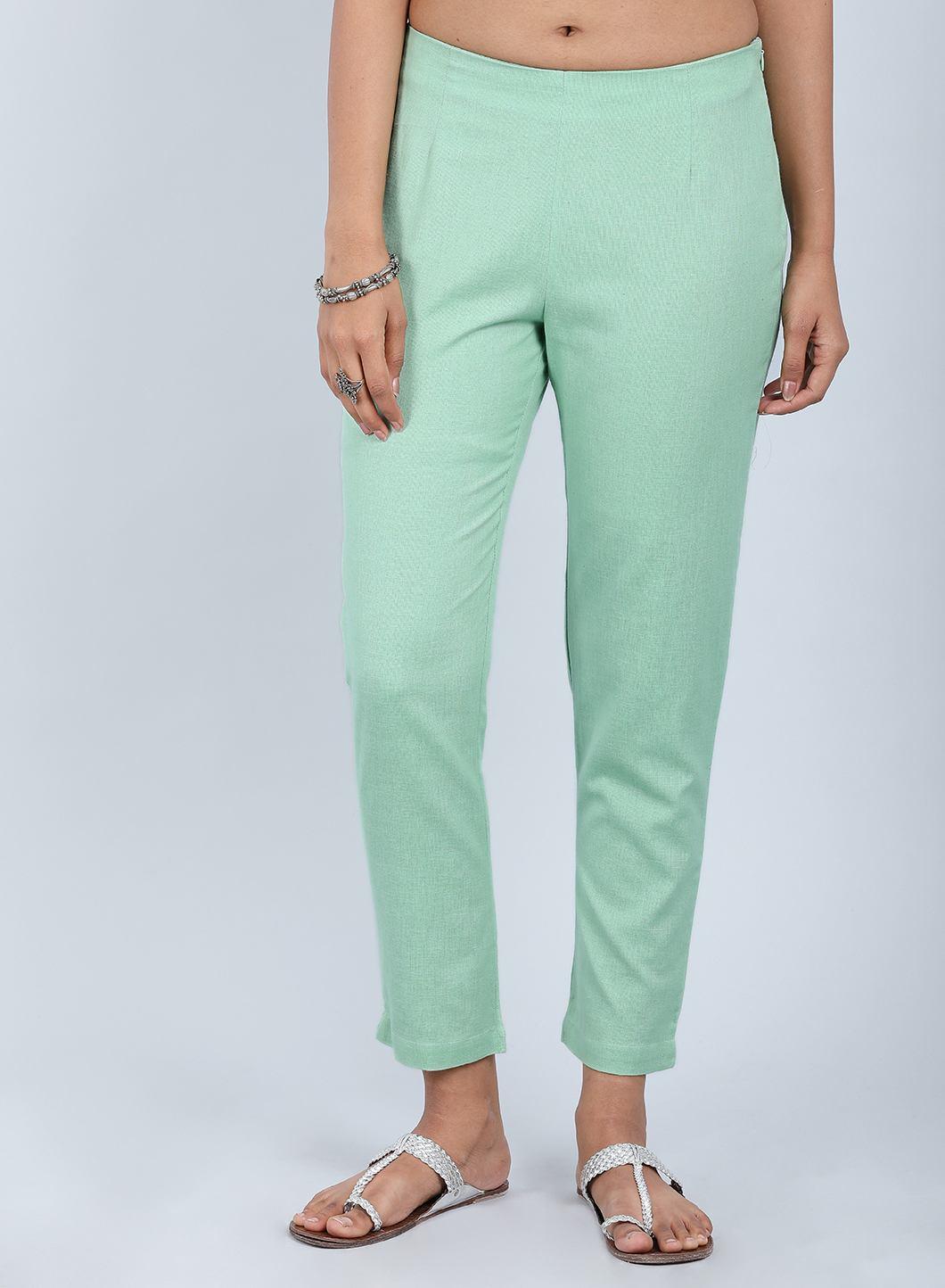 Green Solid Trousers - wforwoman