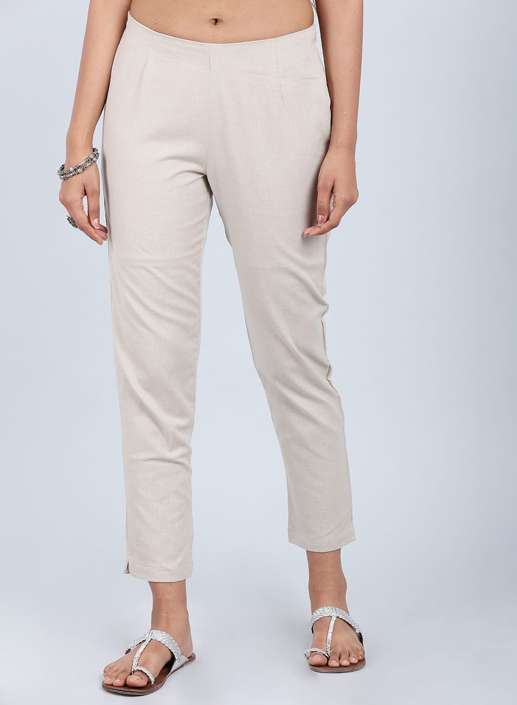 Beige Solid Trousers