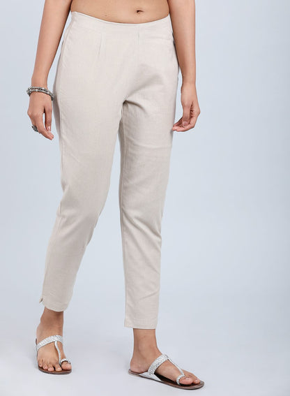 Beige Solid Trousers