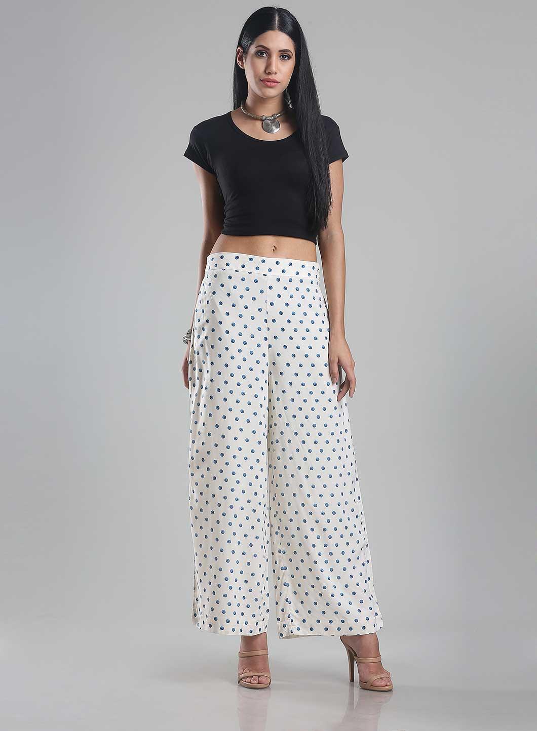 White Polka Dot Print Palazzos - wforwoman