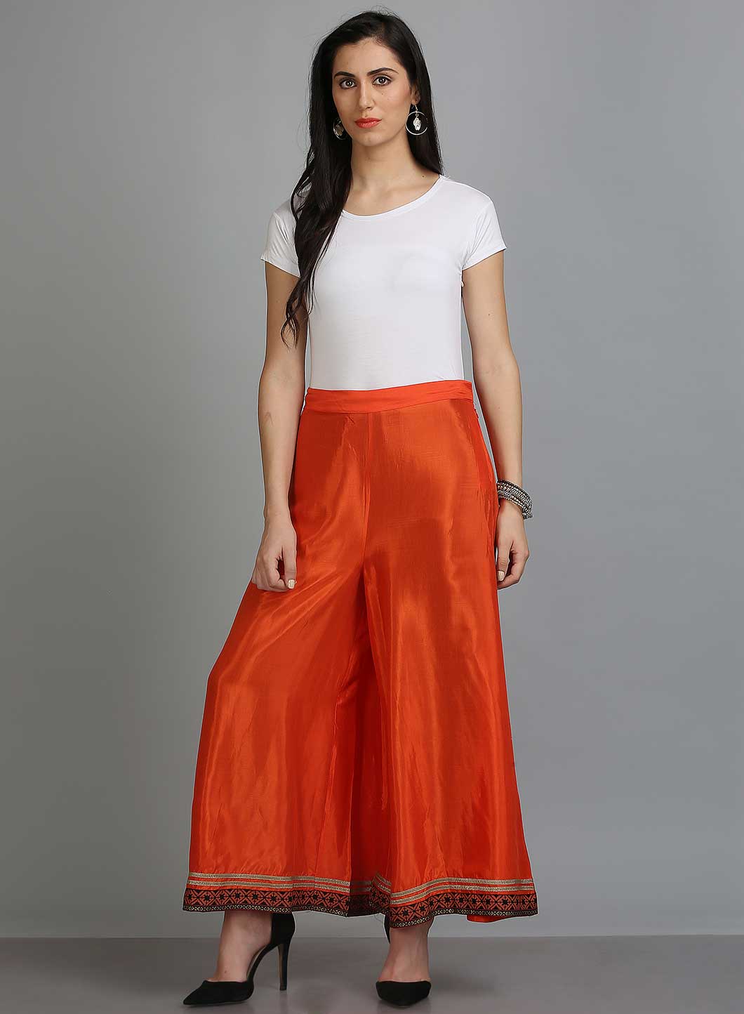 Orange Solid Culottes With Printed Border