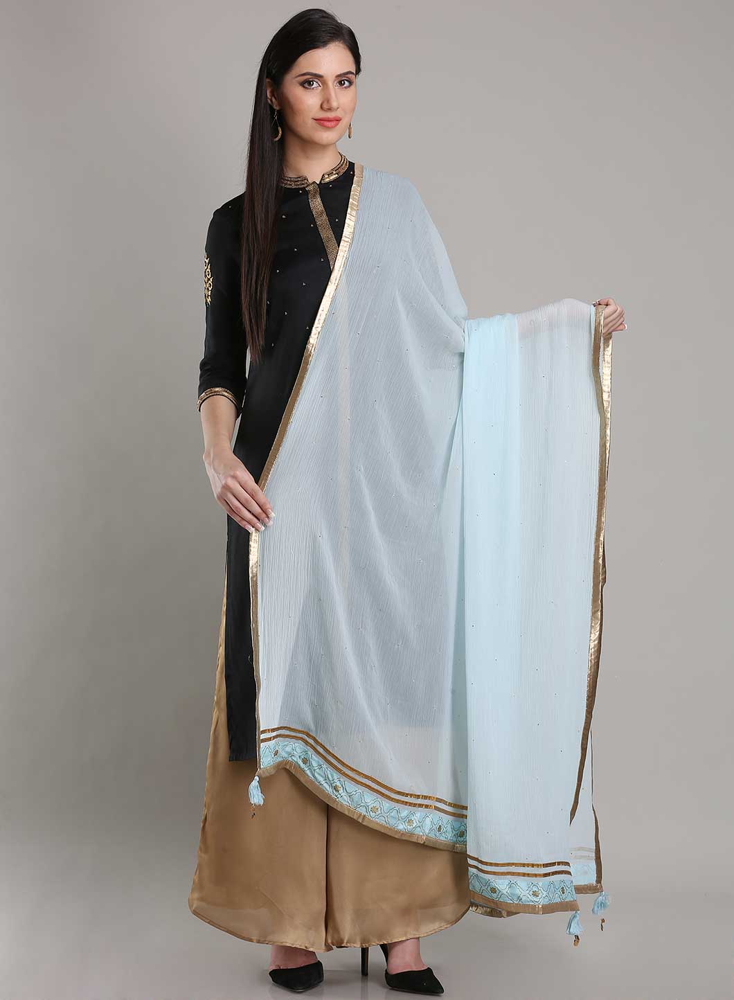 Blue Dupatta With Golden Border