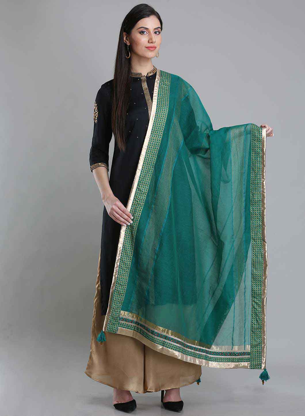 Green Dupatta With Golden Border