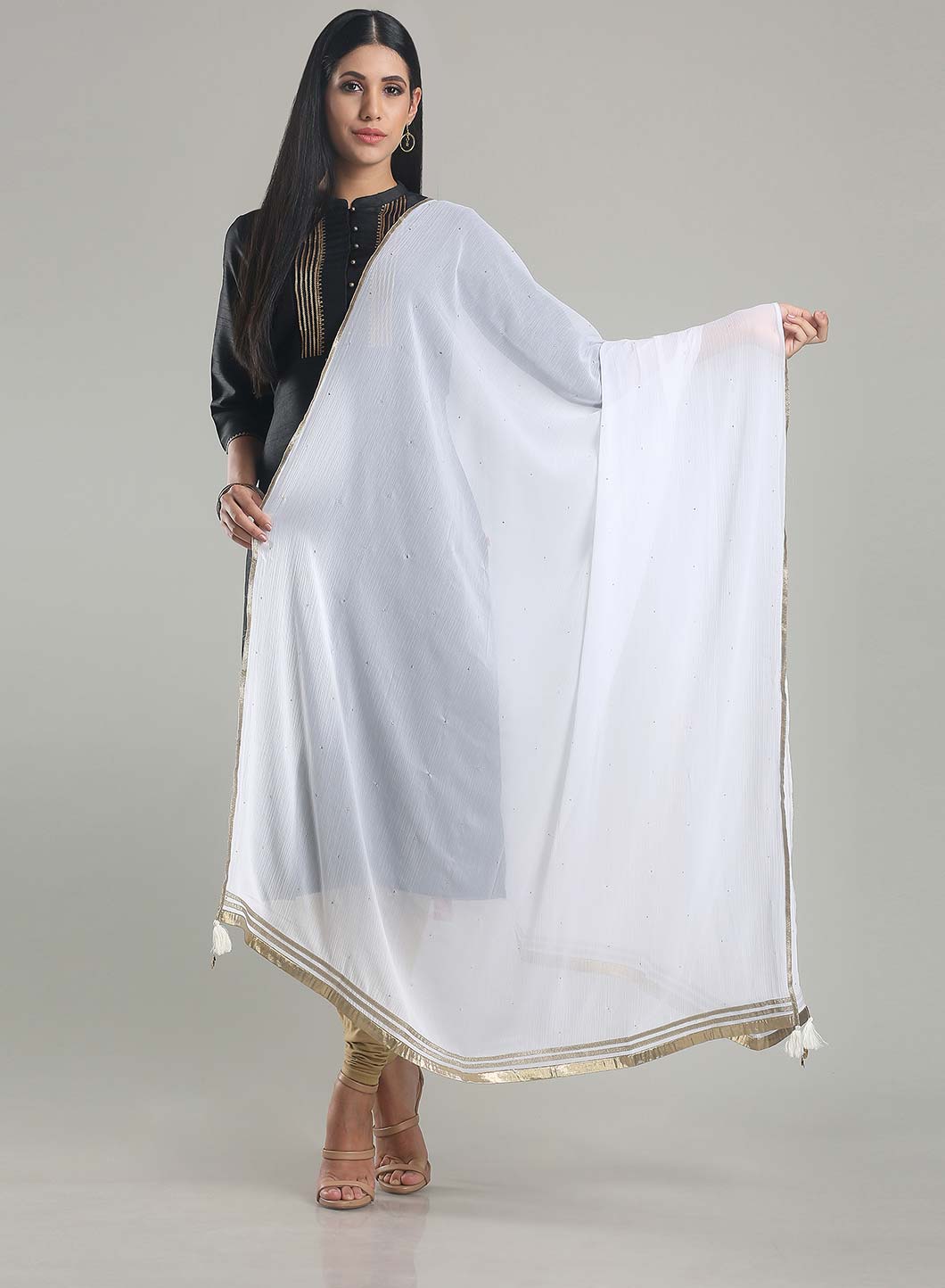 White Dupatta With Golden Border