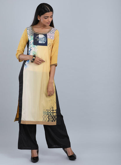 Yellow Round Neck Floral Print kurta - wforwoman