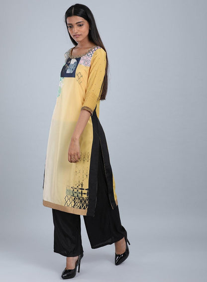 Yellow Round Neck Floral Print kurta - wforwoman