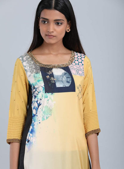 Yellow Round Neck Floral Print kurta - wforwoman