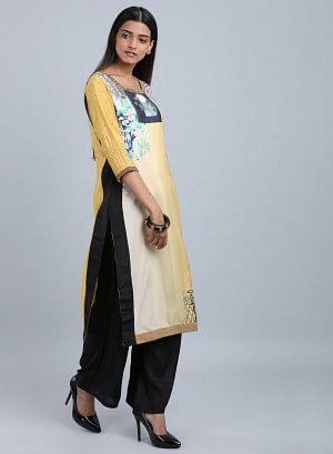 Yellow Round Neck Floral Print kurta - wforwoman