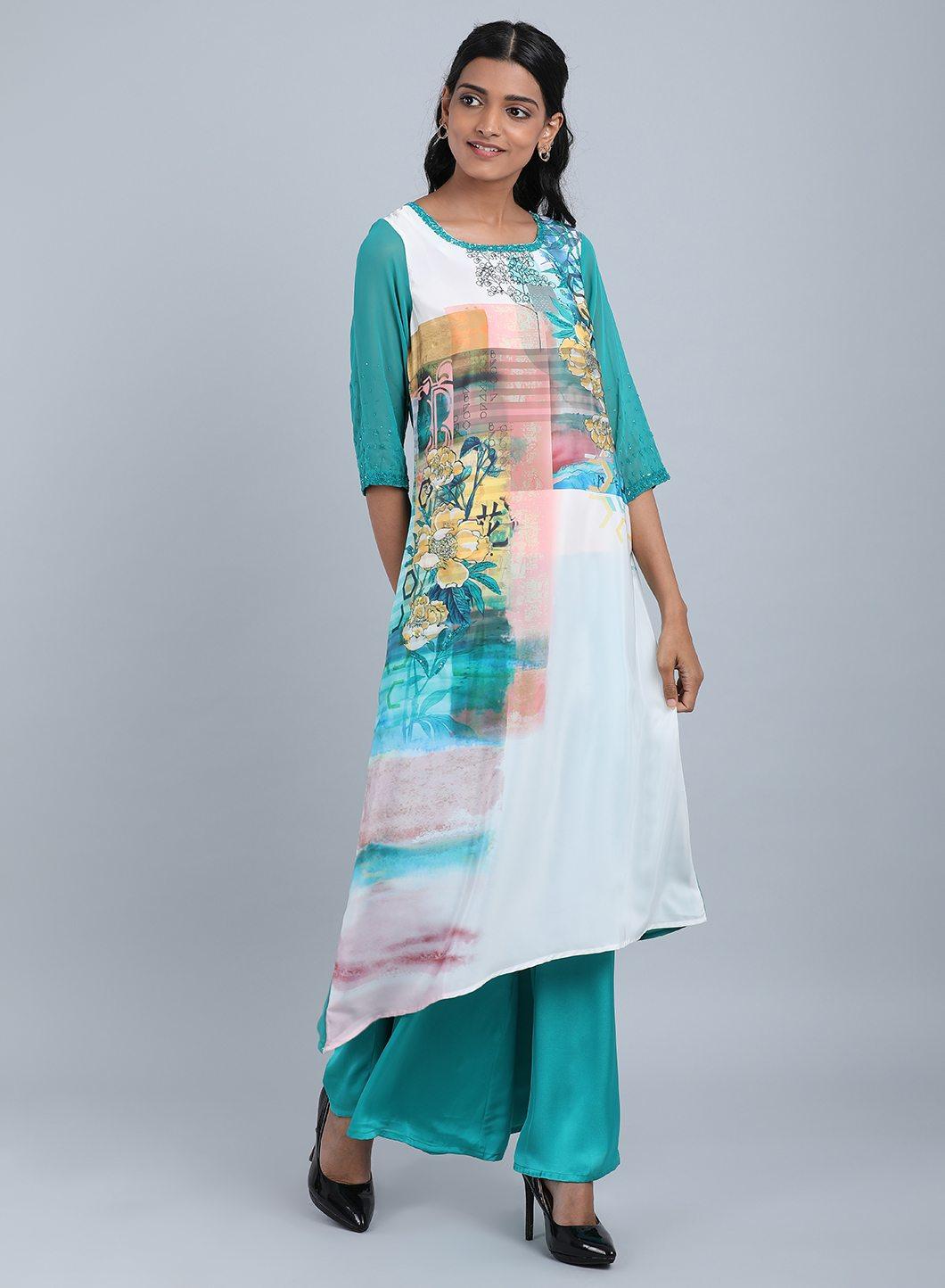 Blue Round Neck Floral Print kurta - wforwoman