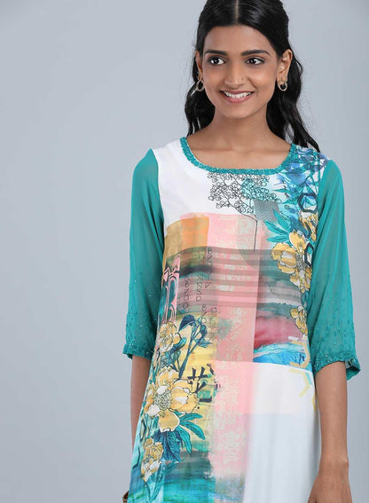 Blue Round Neck Floral Print kurta - wforwoman