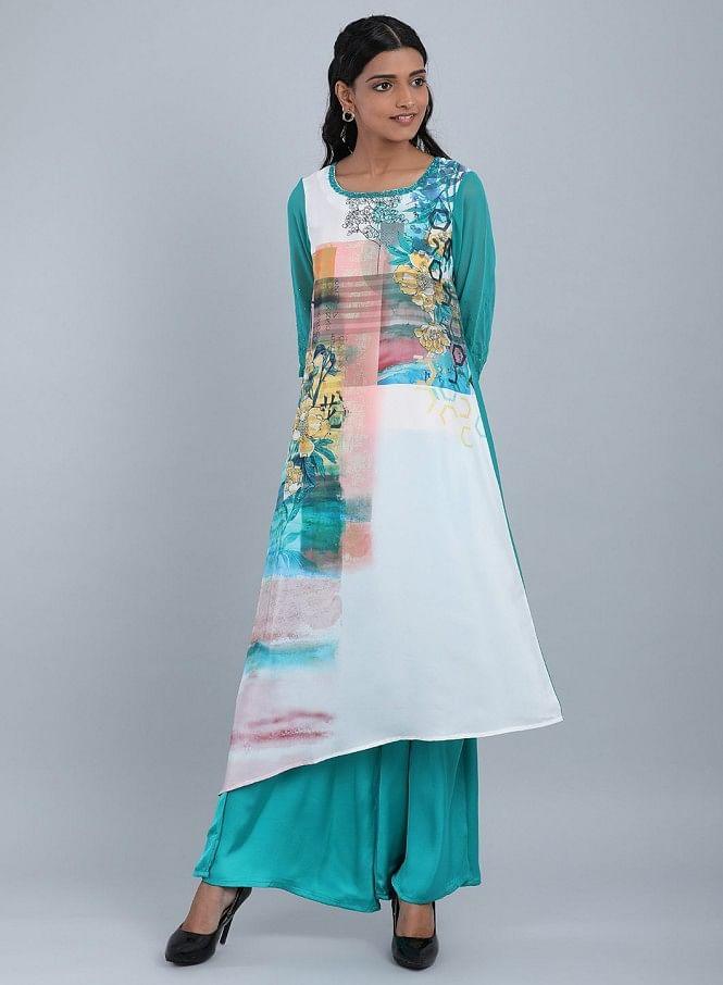 Blue Round Neck Floral Print kurta - wforwoman