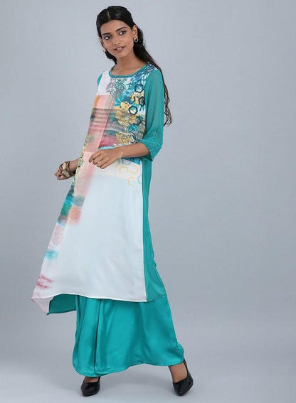 Blue Round Neck Floral Print kurta - wforwoman