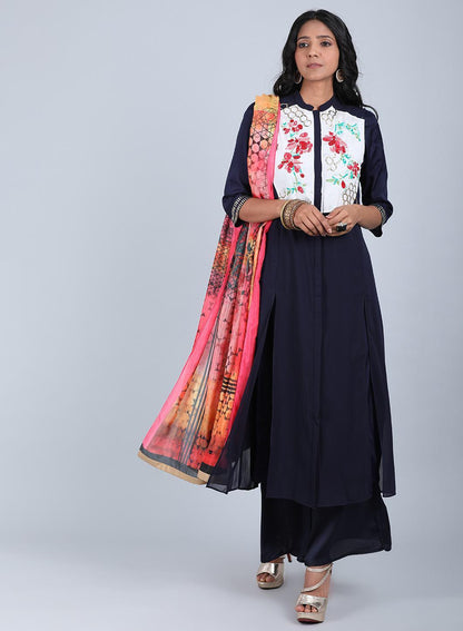 Navy Blue Floral Print kurta - wforwoman