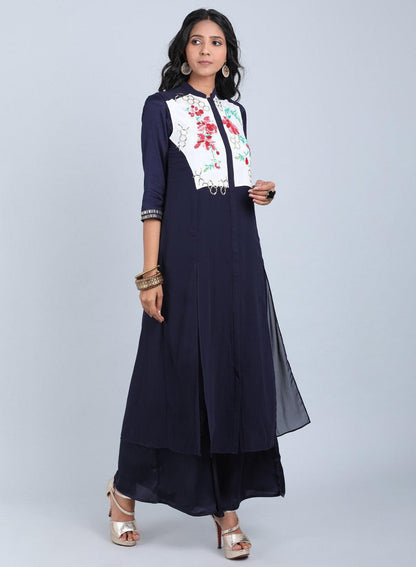 Navy Blue Floral Print kurta - wforwoman