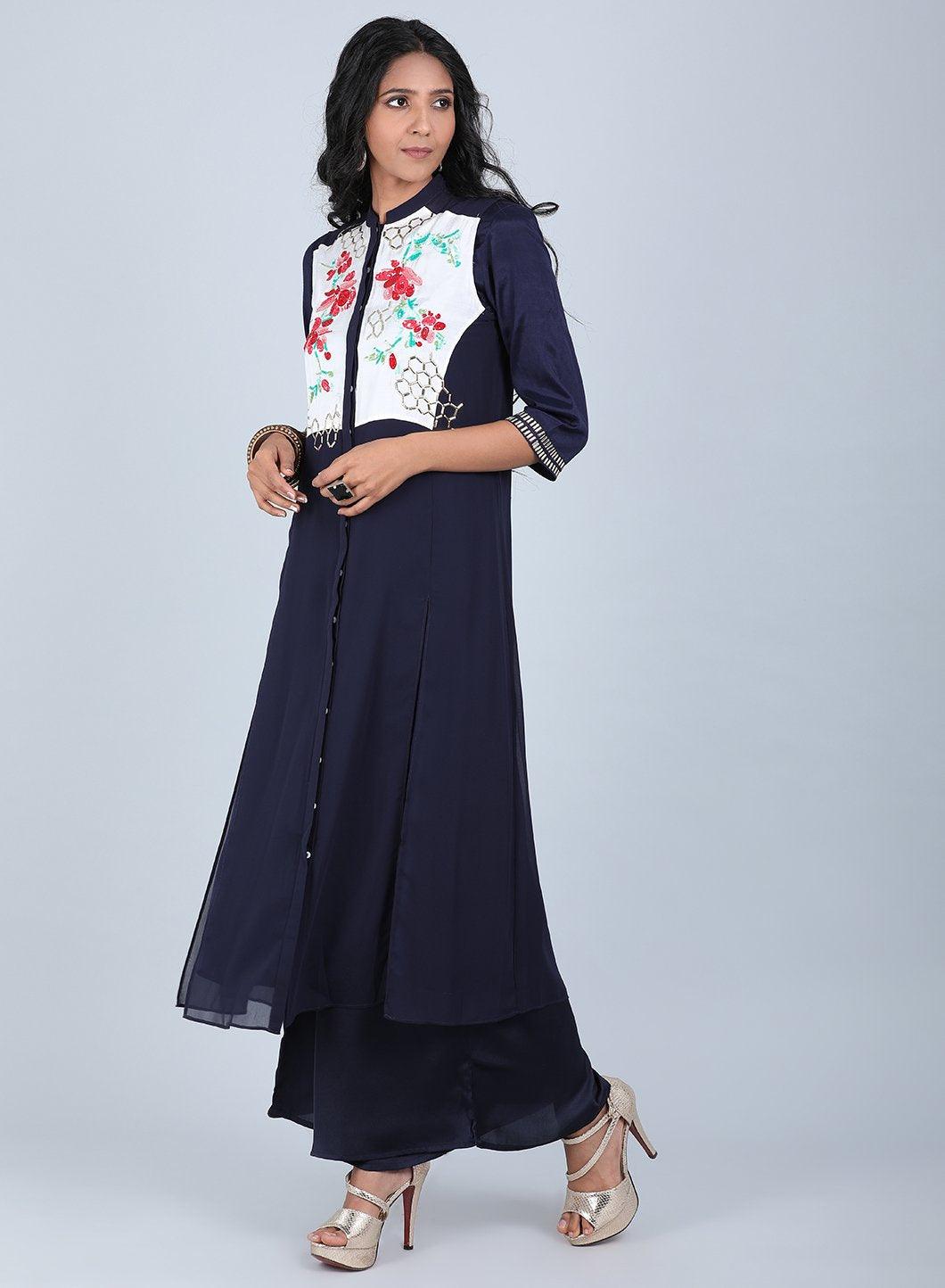 Navy Blue Floral Print kurta - wforwoman